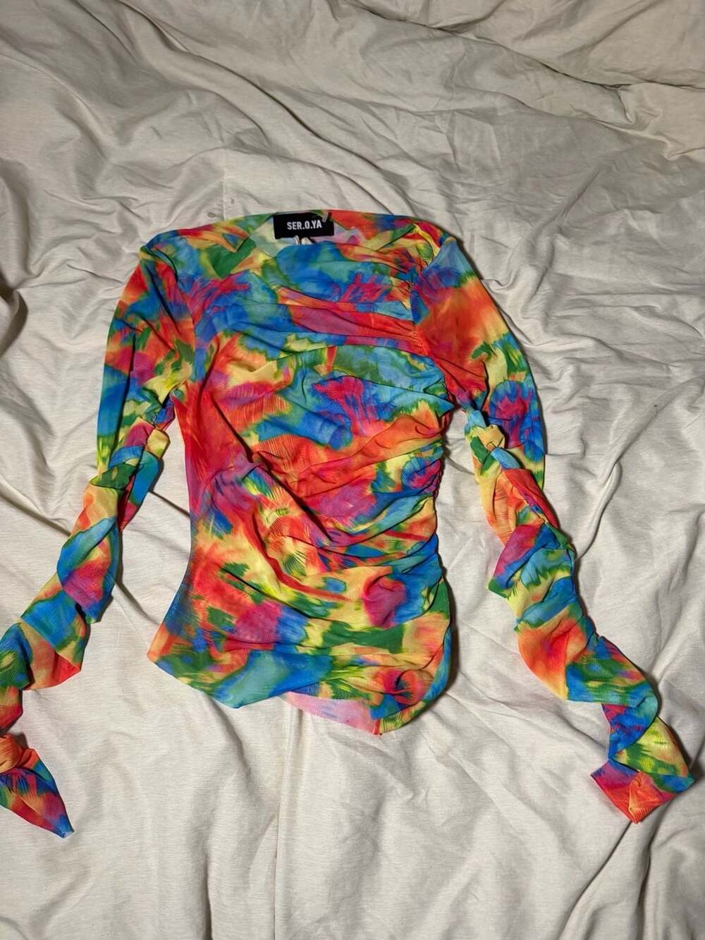 SER.O.YA Janey Long Sleeve Ruched Mesh Top Tie-Dye Rainbow Size XS